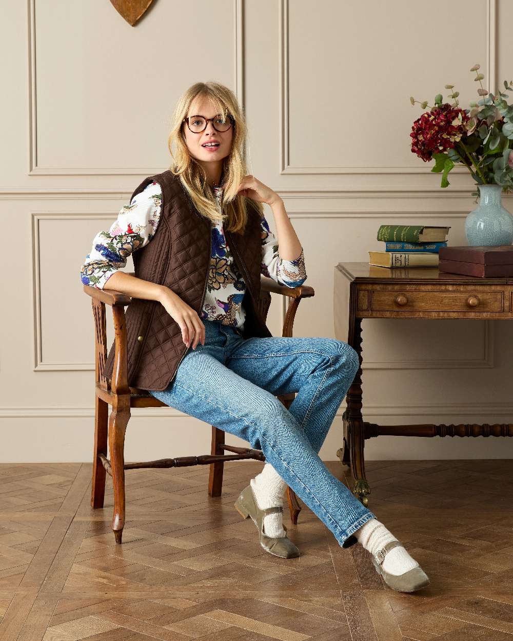 Brown Coloured Joules Minx Showerproof Diamond Quilted Gilet on indoor background 