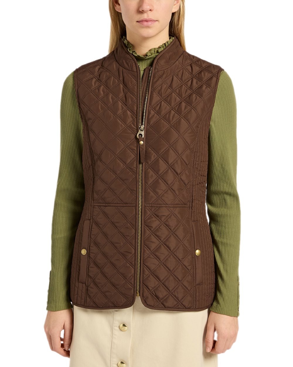 Brown Coloured Joules Minx Showerproof Diamond Quilted Gilet on white background 