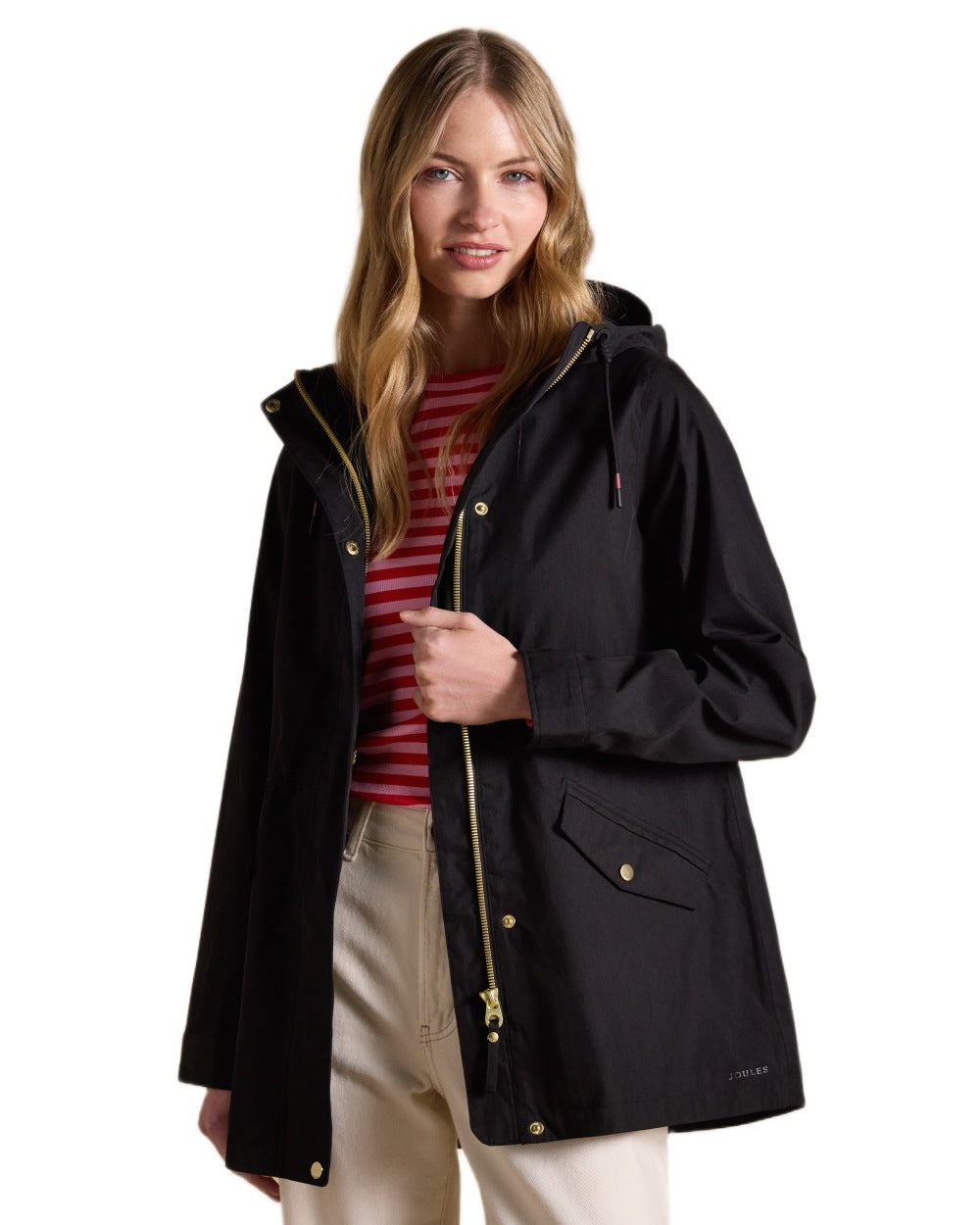 Black Coloured Joules Portwell Waterproof Raincoat With Hood On A White Background 