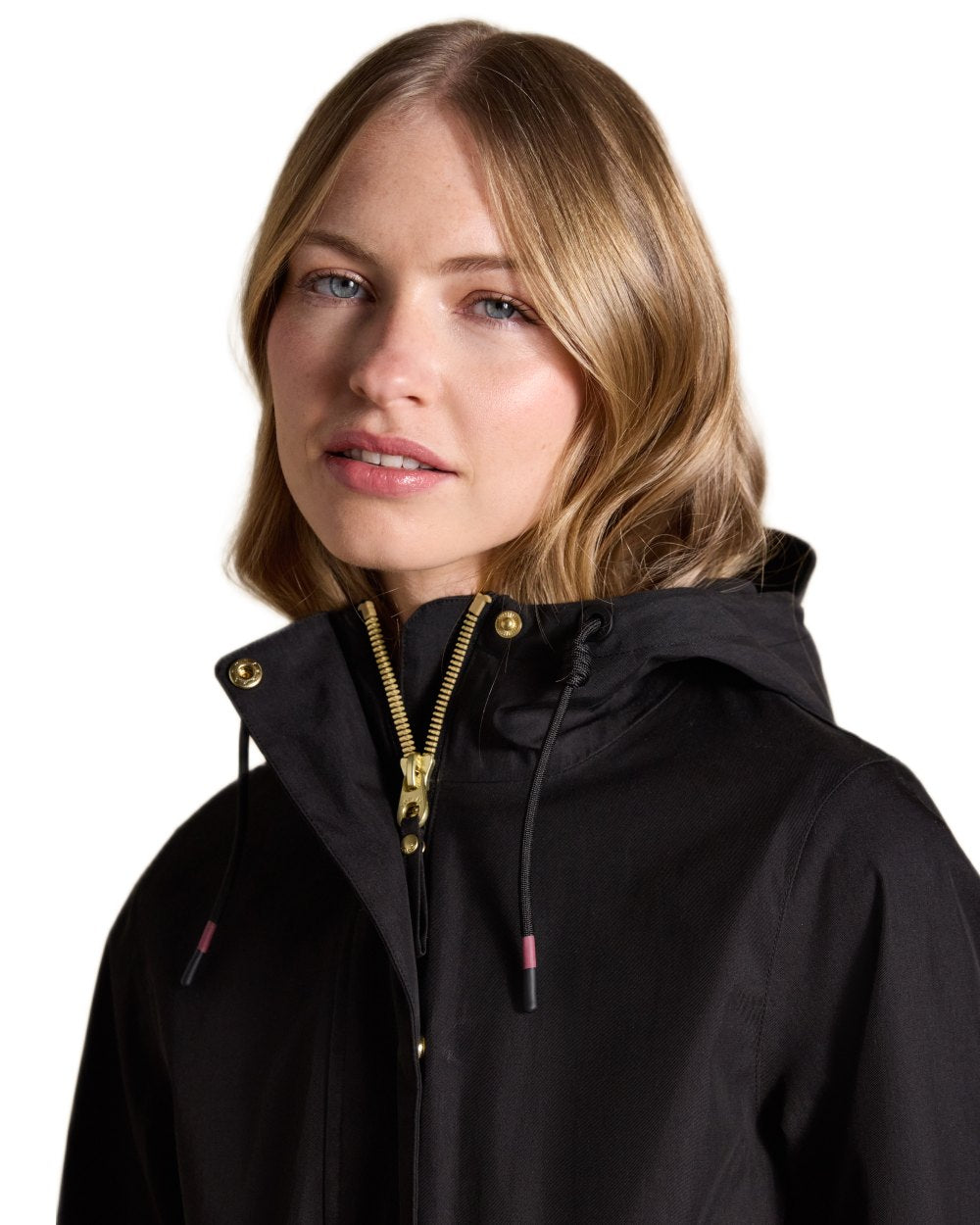 Black Coloured Joules Portwell Waterproof Raincoat With Hood On A White Background 