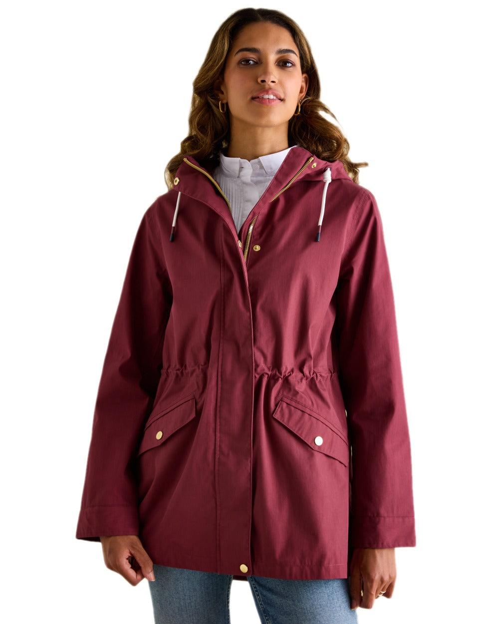Oxblood Coloured Joules Portwell Waterproof Raincoat With Hood on white background 
