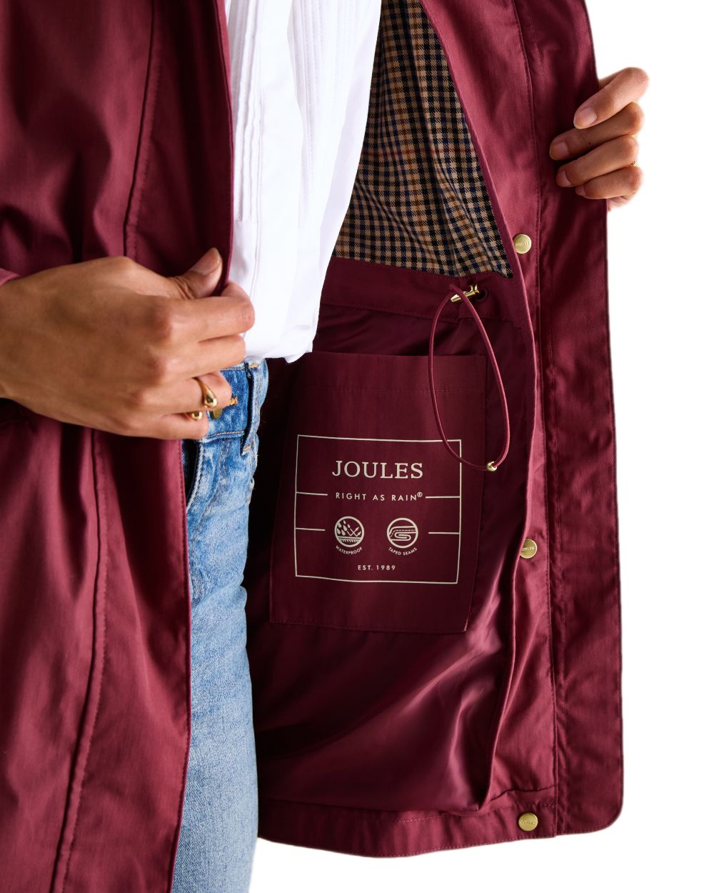 Oxblood Coloured Joules Portwell Waterproof Raincoat With Hood on white background 