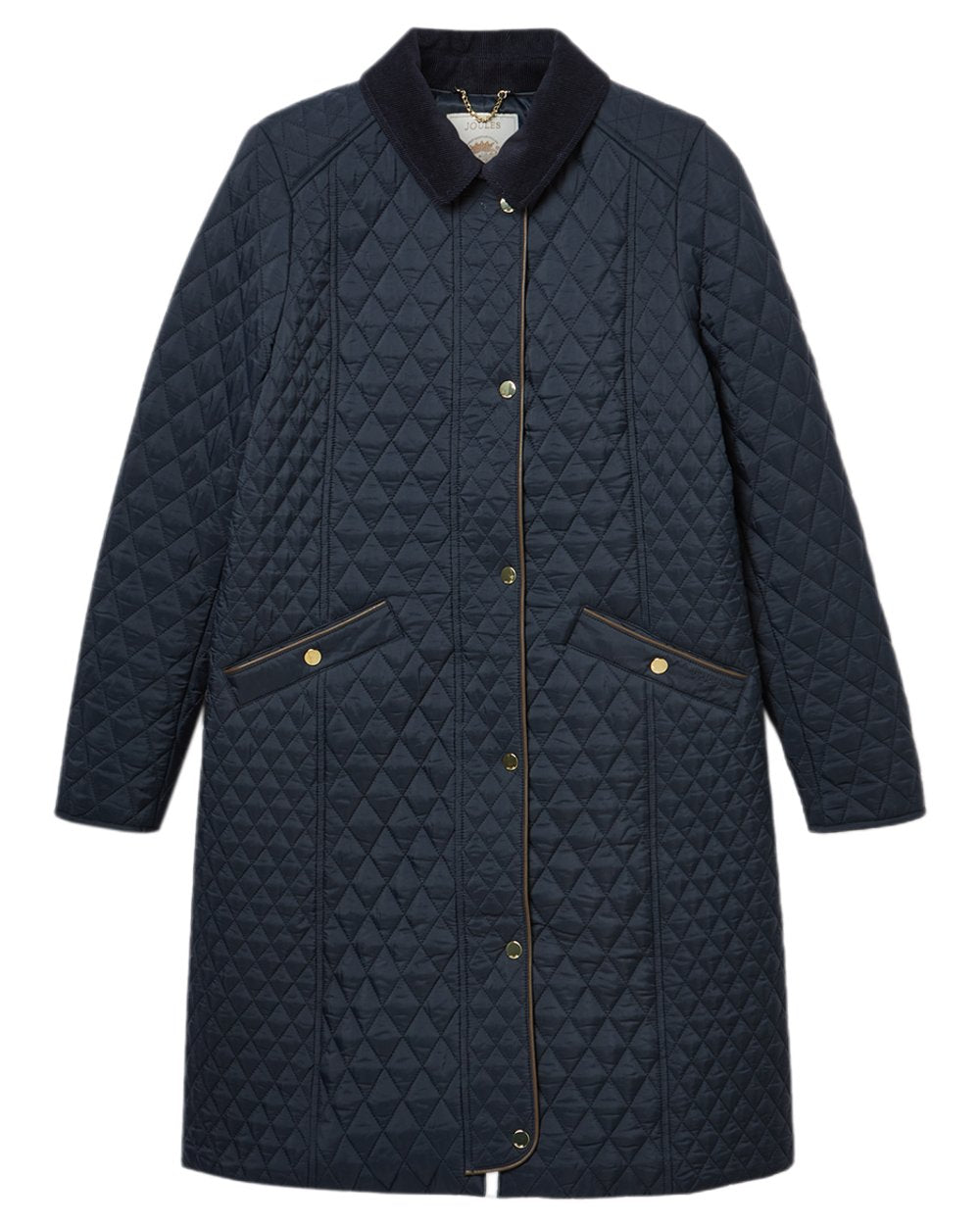 Navy Coloured Joules Rosewell Showerproof Longline Diamond Quilted Coat on white background 