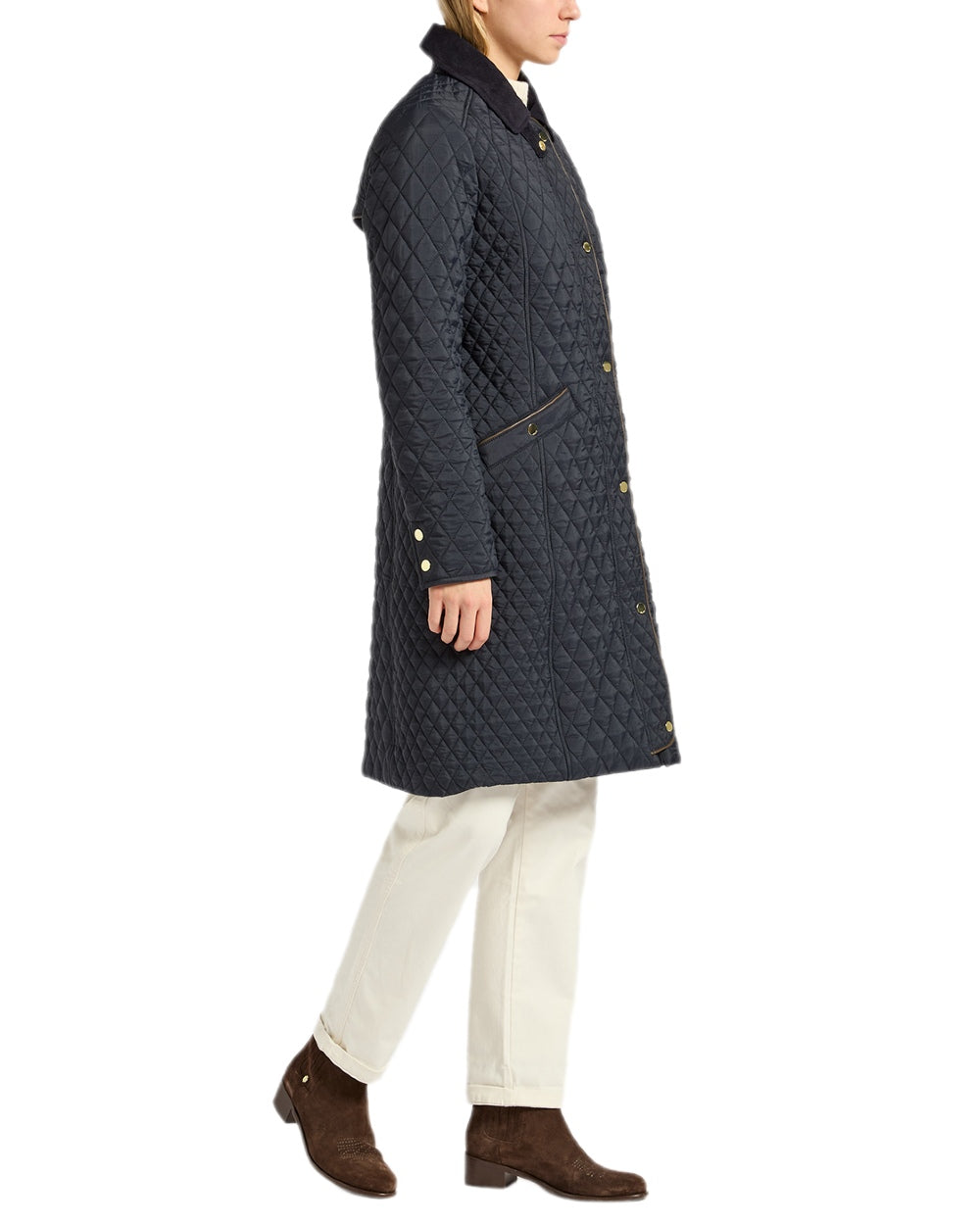 Navy Coloured Joules Rosewell Showerproof Longline Diamond Quilted Coat on white background 