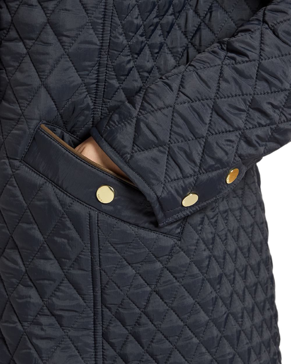 Navy Coloured Joules Rosewell Showerproof Longline Diamond Quilted Coat on white background 