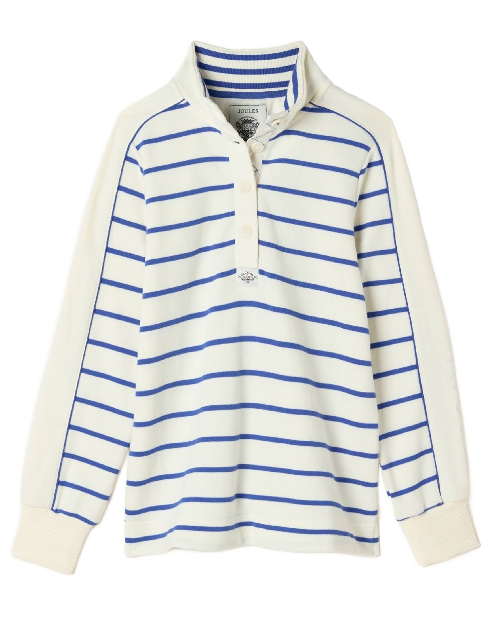 Creme Blue coloured Joules Southwold Button Down Striped Sweatshirt on white background 
