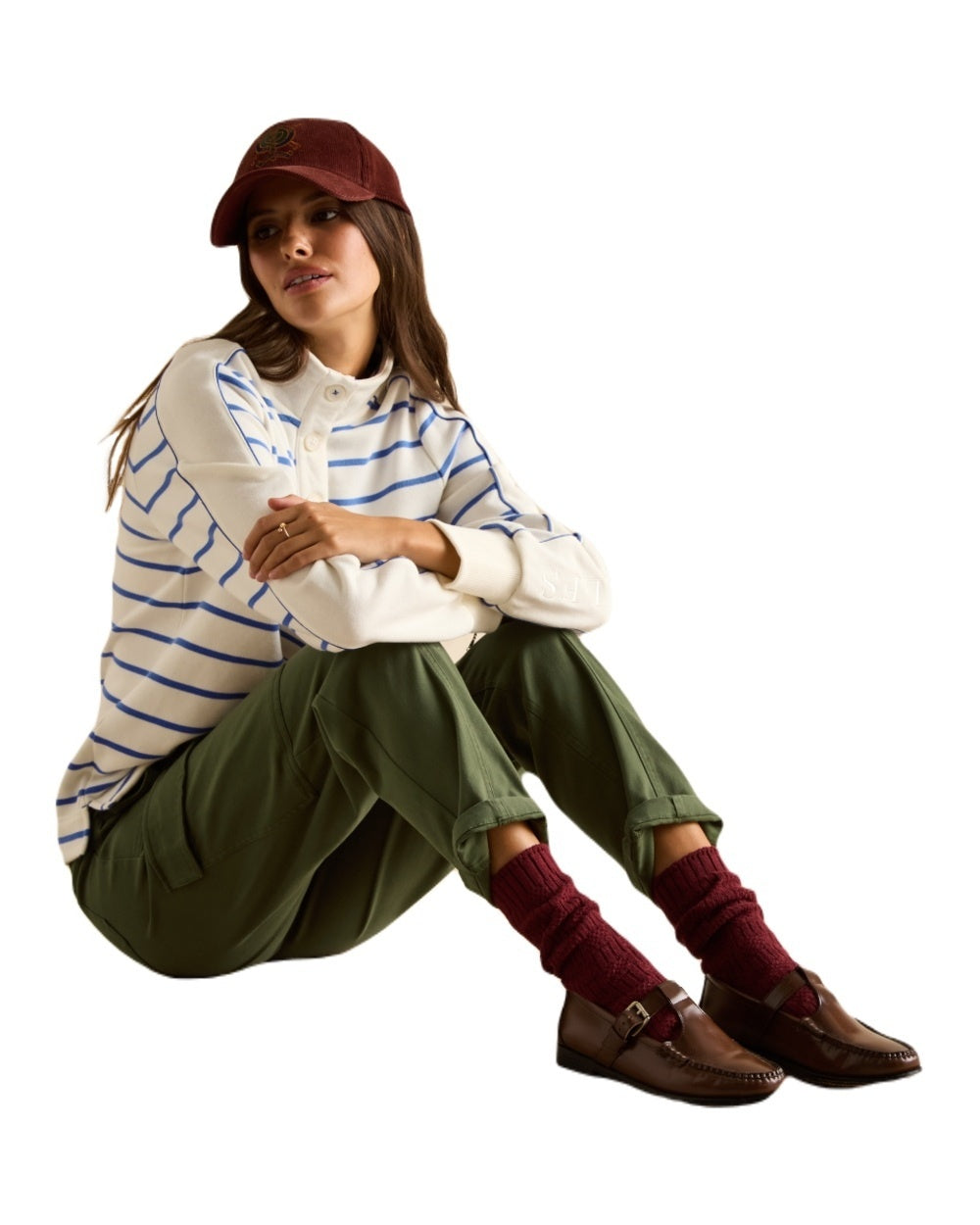 Creme Blue coloured Joules Southwold Button Down Striped Sweatshirt on white background 