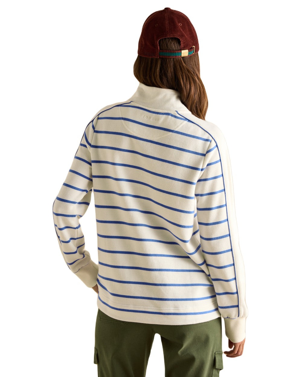 Creme Blue coloured Joules Southwold Button Down Striped Sweatshirt on white background 