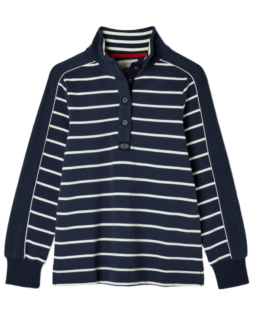 Navy Stripe coloured Joules Southwold Button Down Striped Sweatshirt on white background 