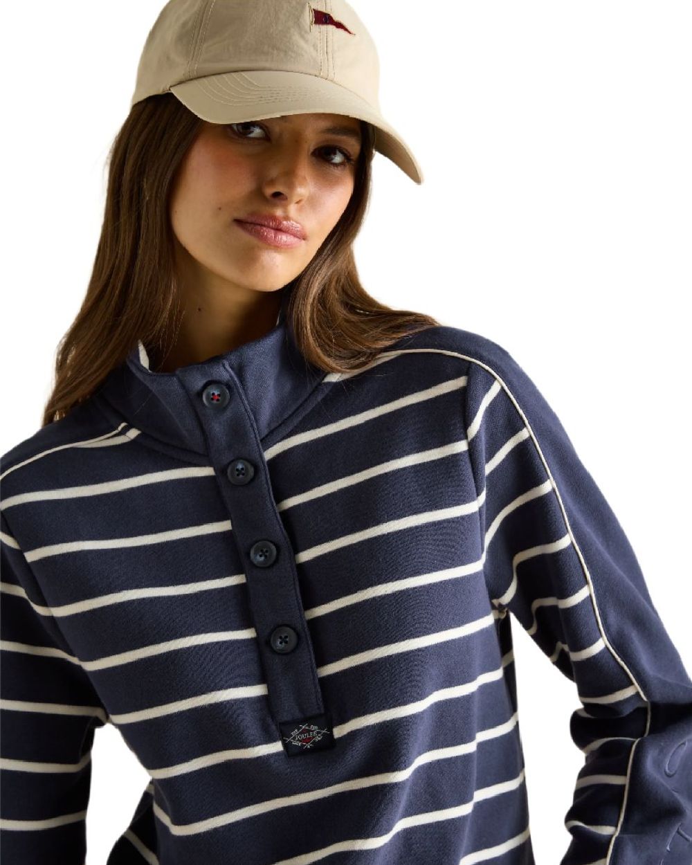 Navy Stripe coloured Joules Southwold Button Down Striped Sweatshirt on white background 