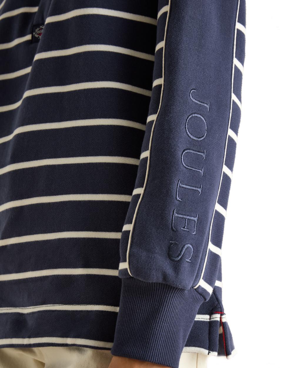 Navy Stripe coloured Joules Southwold Button Down Striped Sweatshirt on white background 