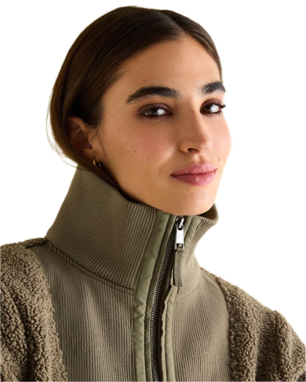 Khaki Green coloured Joules Womens Thurleston Borg Fleece Jacket on white Background 