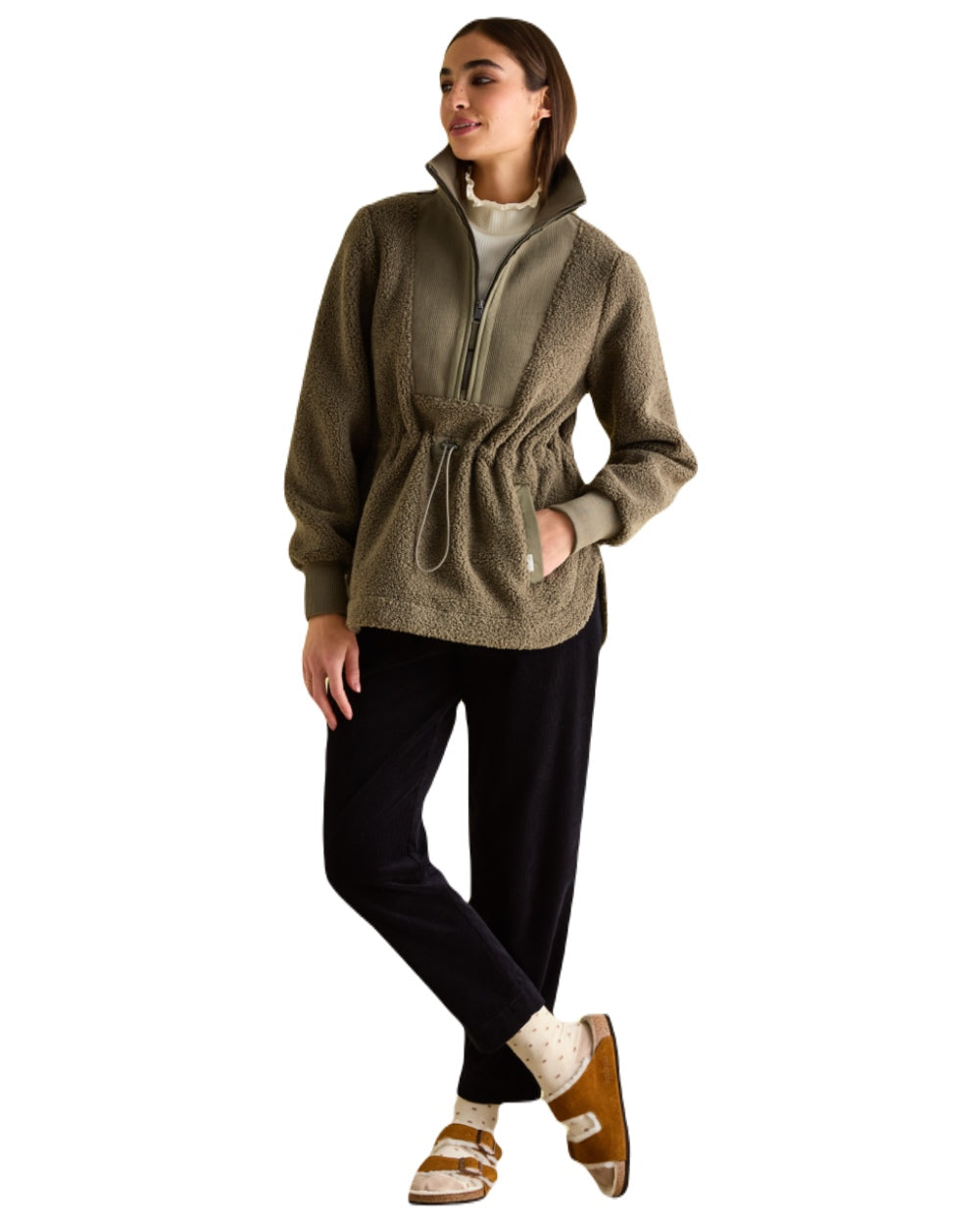 Khaki Green coloured Joules Womens Thurleston Borg Fleece Jacket on white Background 