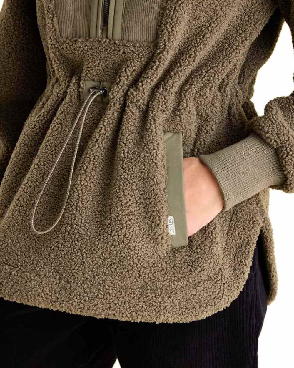 Khaki Green coloured Joules Womens Thurleston Borg Fleece Jacket on white Background 