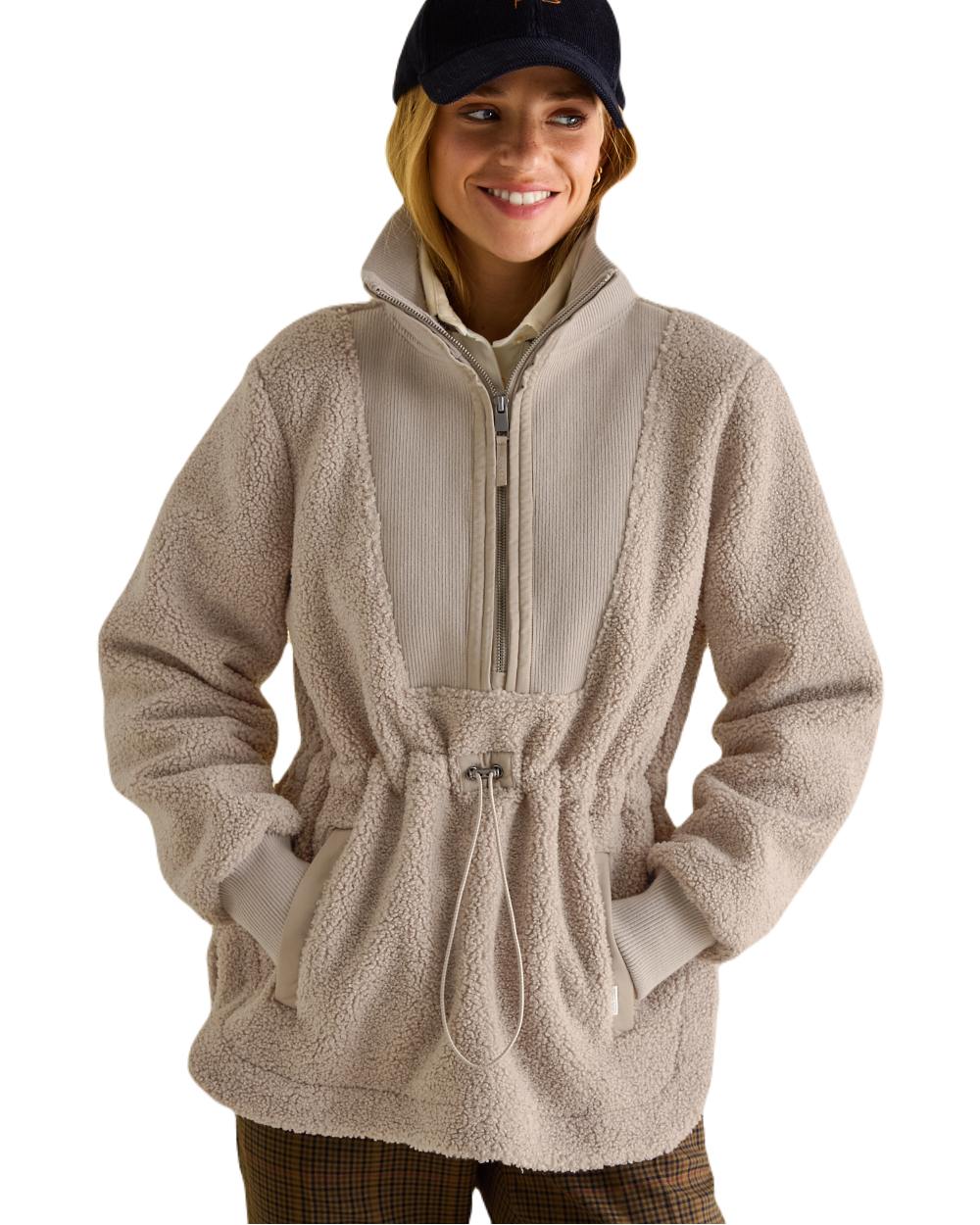 Neutral coloured Joules Womens Thurleston Borg Fleece Jacket on white Background 