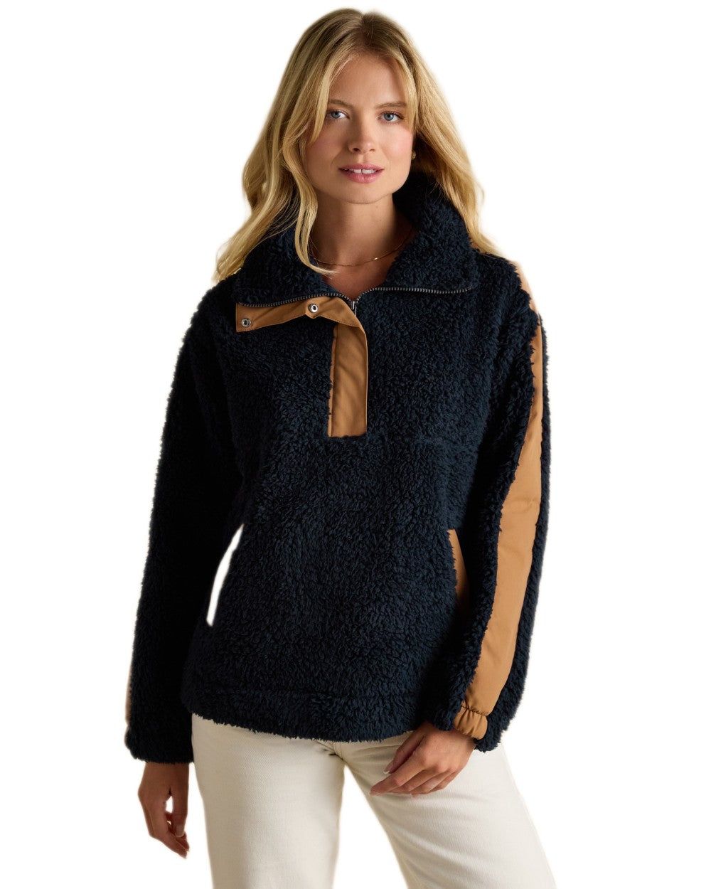 Navy Coloured Joules Tilly Half Zip Borg Fleece on white background 