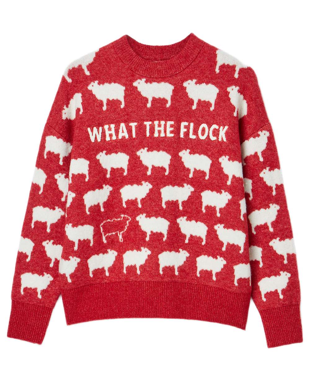 Red Coloured Joules What The Flock Intarsia Sheep Jumper on white background 