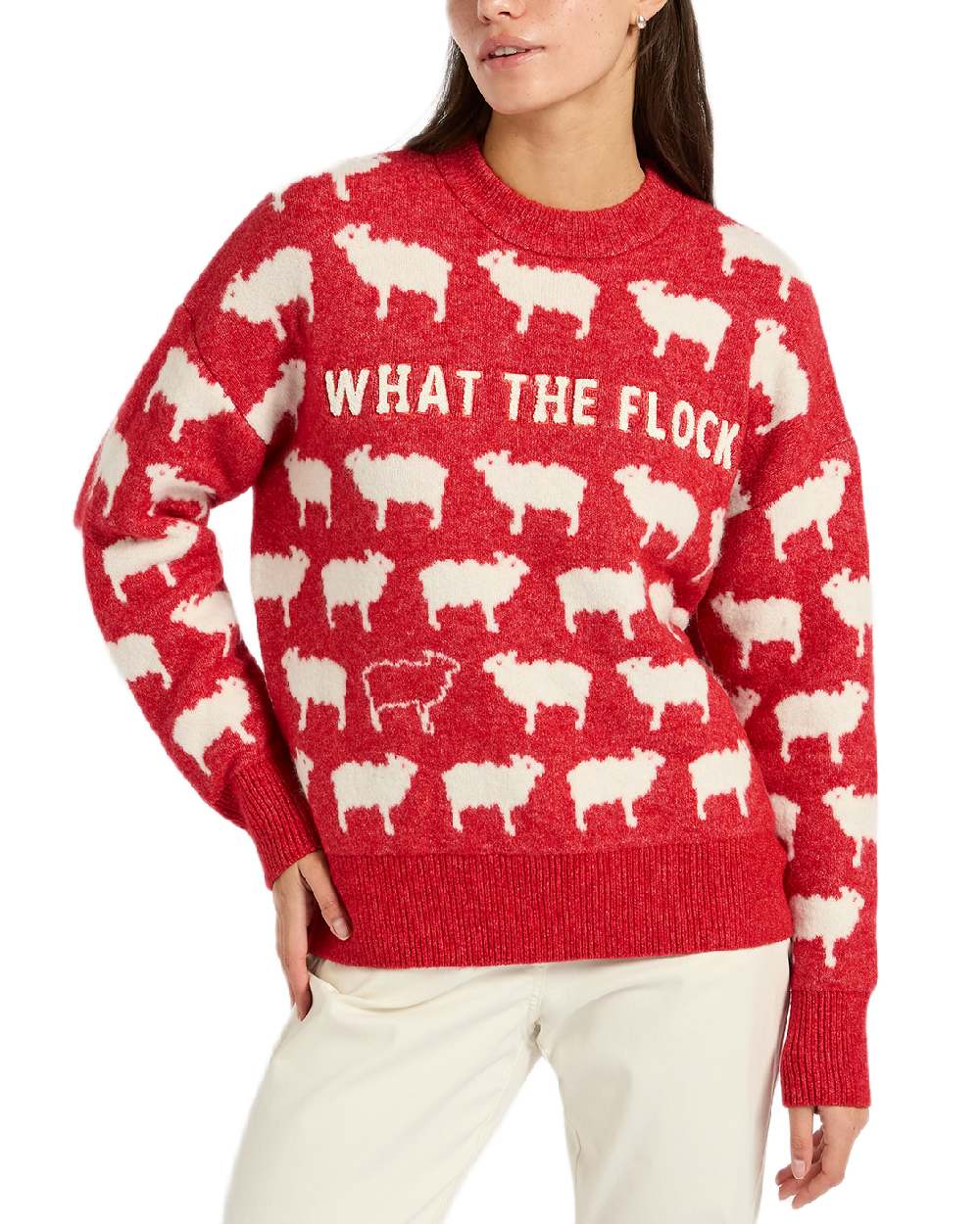 Red Coloured Joules What The Flock Intarsia Sheep Jumper on white background 