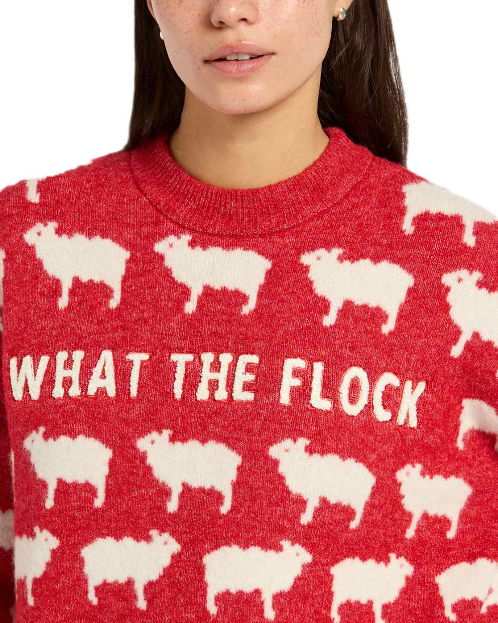 Red Coloured Joules What The Flock Intarsia Sheep Jumper on white background 