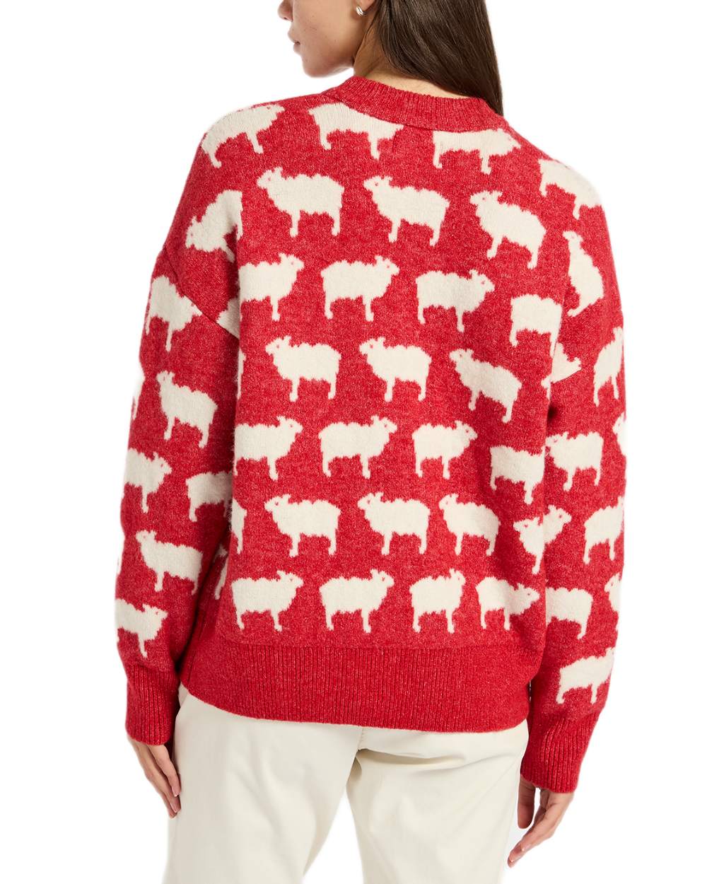Red Coloured Joules What The Flock Intarsia Sheep Jumper on white background 
