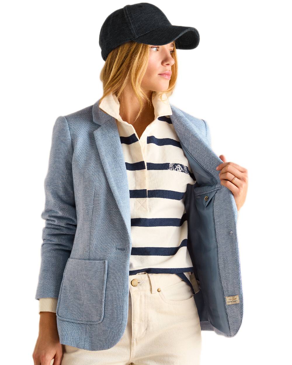 Blue Coloured Joules Womens Albury Cotton Blazer on white background 