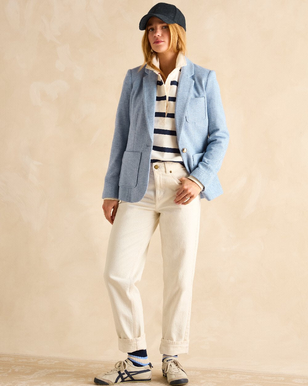 Blue Coloured Joules Womens Albury Cotton Blazer on indoor background 