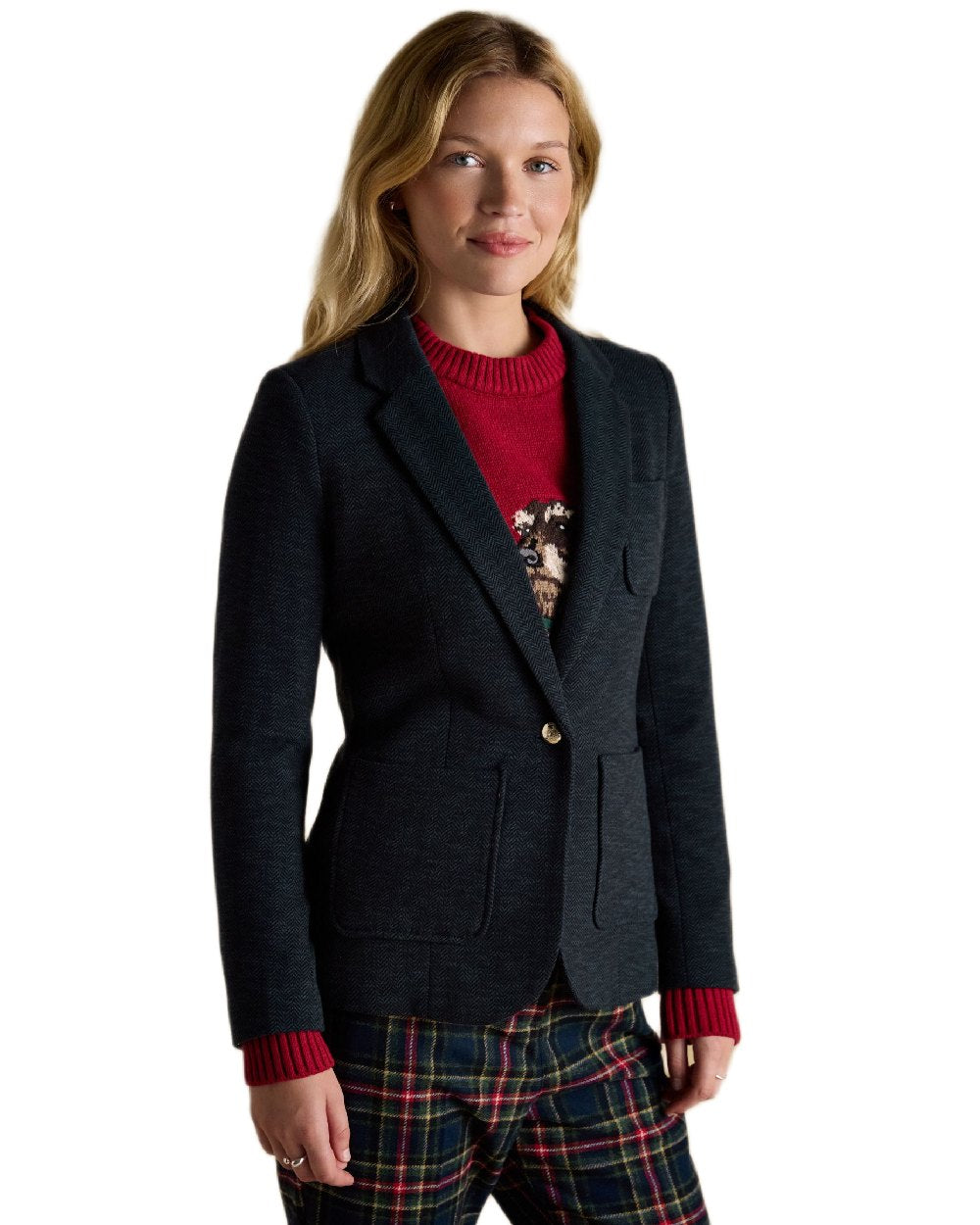 Navy Coloured Joules Womens Albury Cotton Blazer on white background 