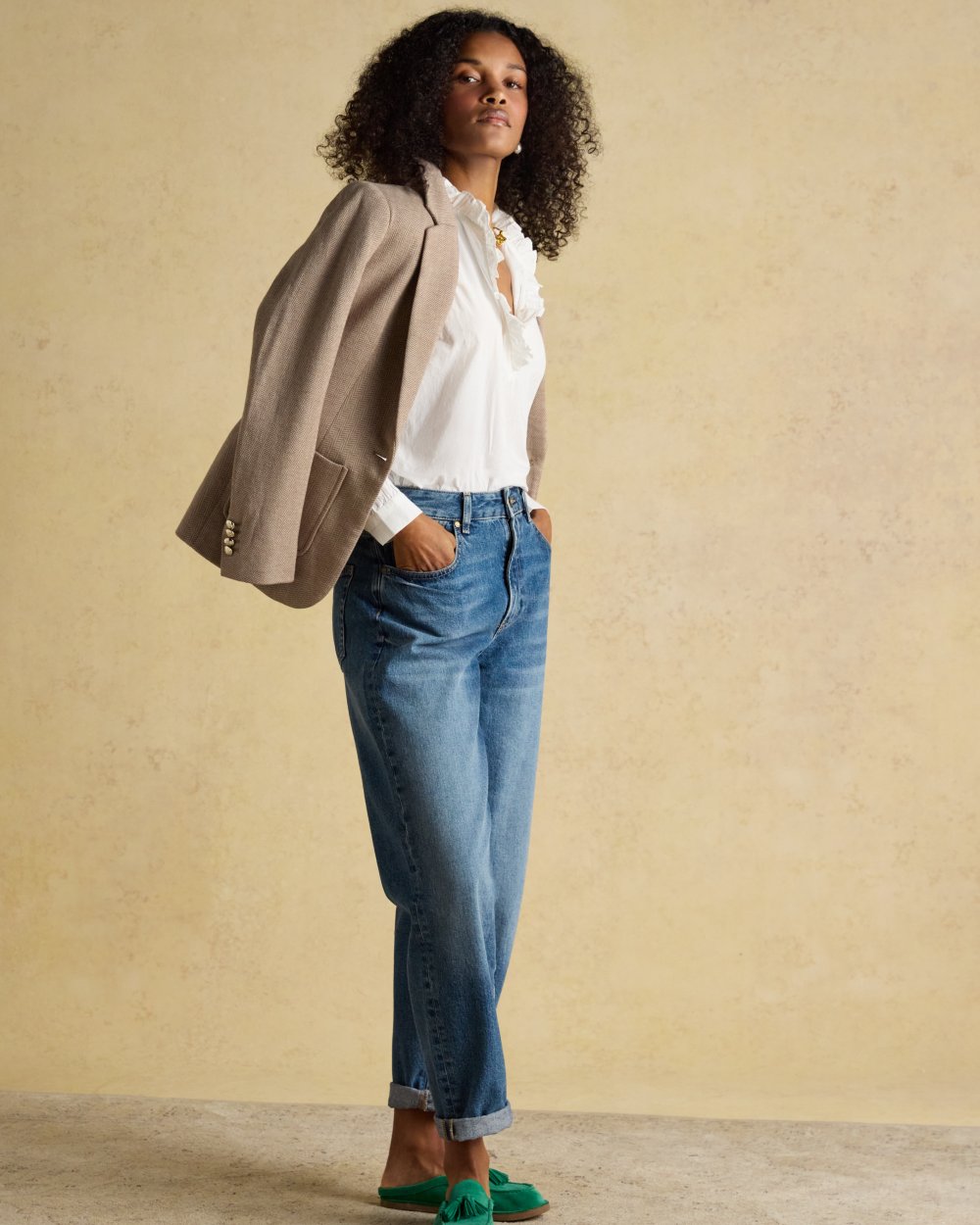 Tan Brown Coloured Joules Womens Albury Cotton Blazer on wall background 