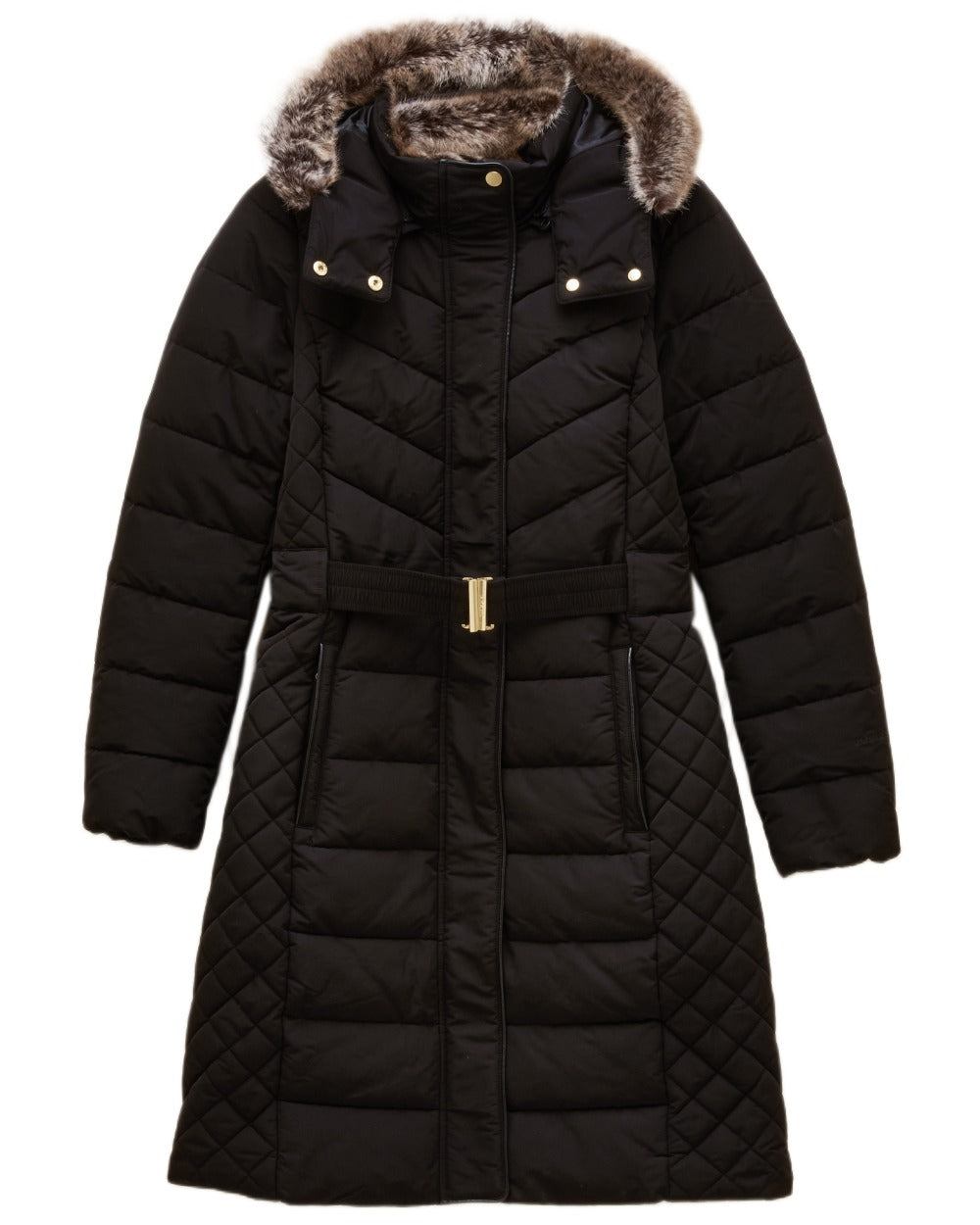 Black Coloured Joules Womens Aspen Long Showerproof Padded Coat on white background 