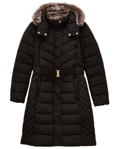 Black Coloured Joules Womens Aspen Long Showerproof Padded Coat on white background 