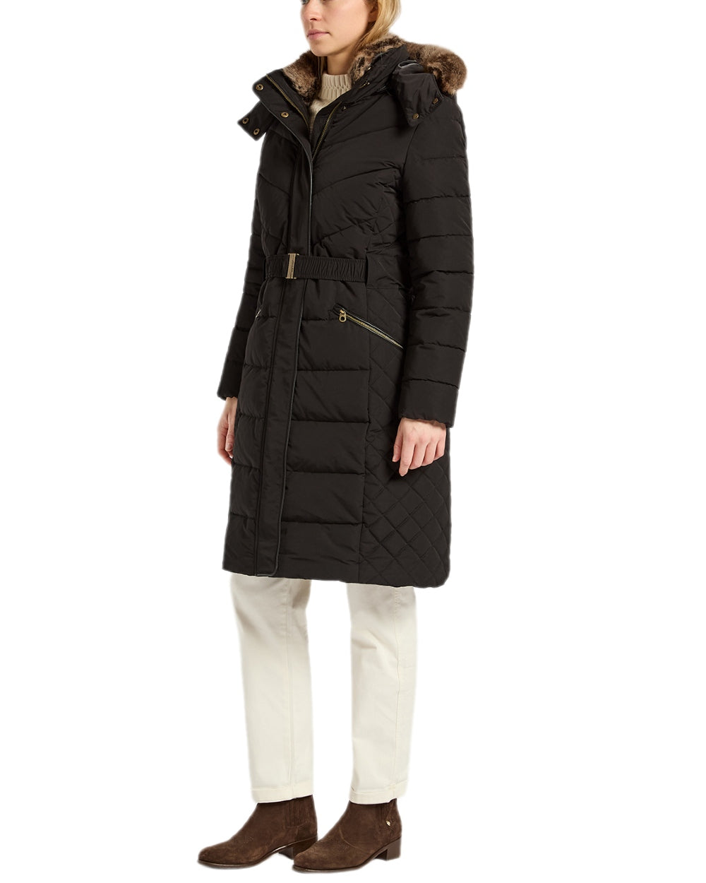 Black Coloured Joules Womens Aspen Long Showerproof Padded Coat on white background 