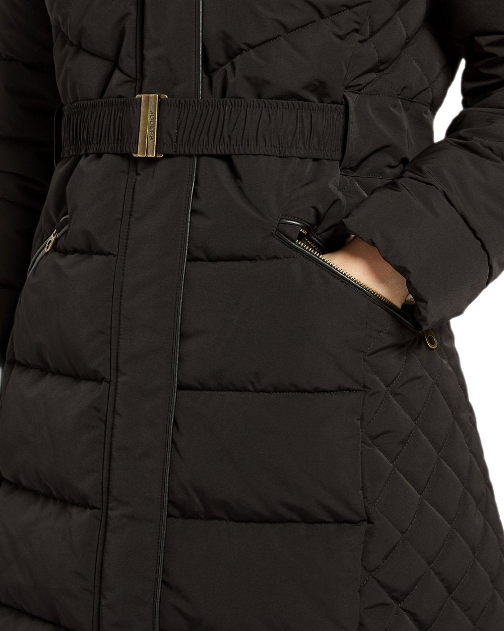 Black Coloured Joules Womens Aspen Long Showerproof Padded Coat on white background 