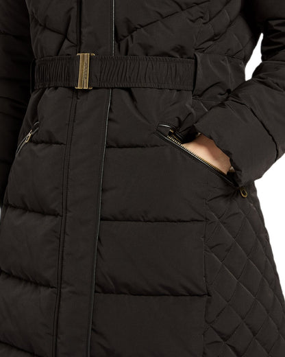 Black Coloured Joules Womens Aspen Long Showerproof Padded Coat on white background 