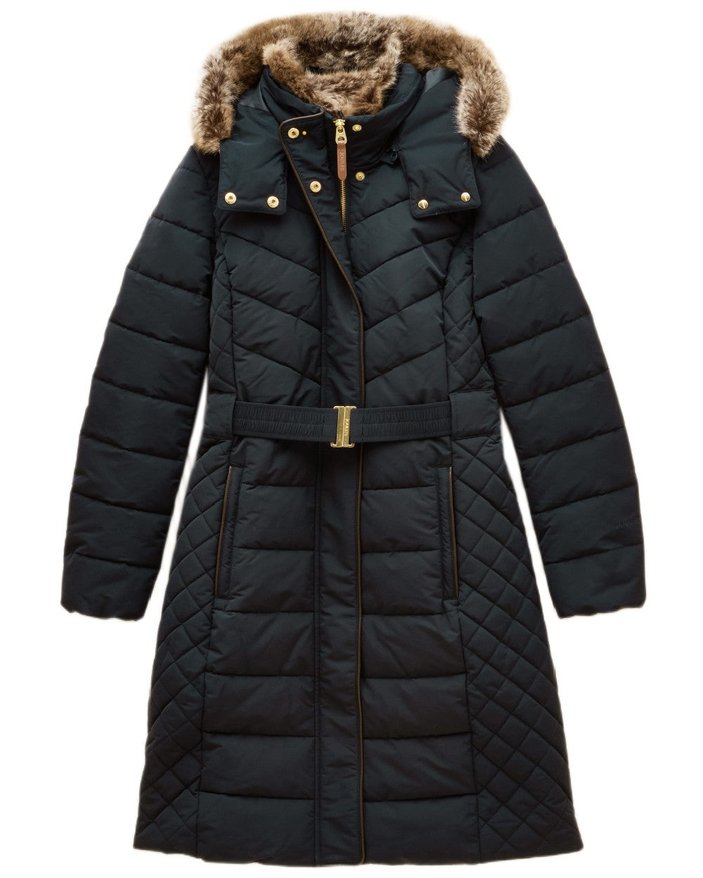 Navy Coloured Joules Womens Aspen Long Showerproof Padded Coat on white background 