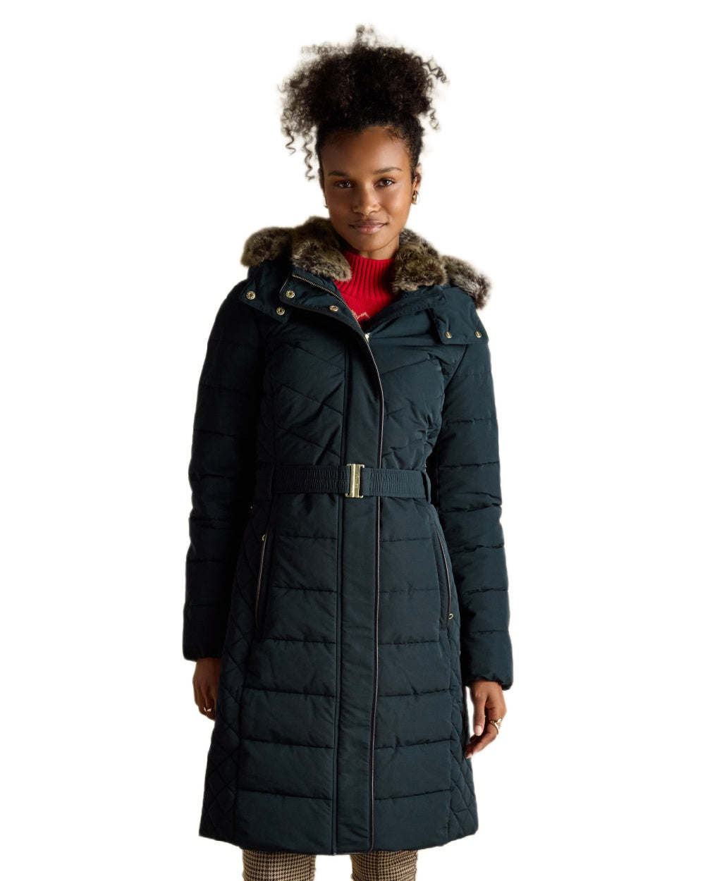 Navy Coloured Joules Womens Aspen Long Showerproof Padded Coat on white background 
