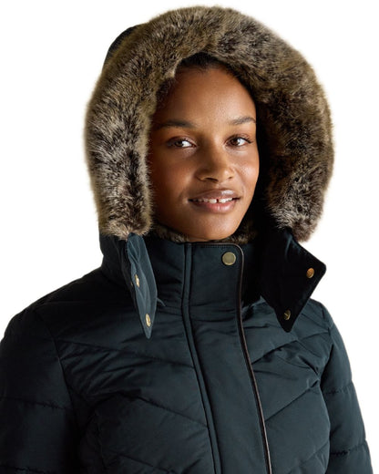 Navy Coloured Joules Womens Aspen Long Showerproof Padded Coat on white background 