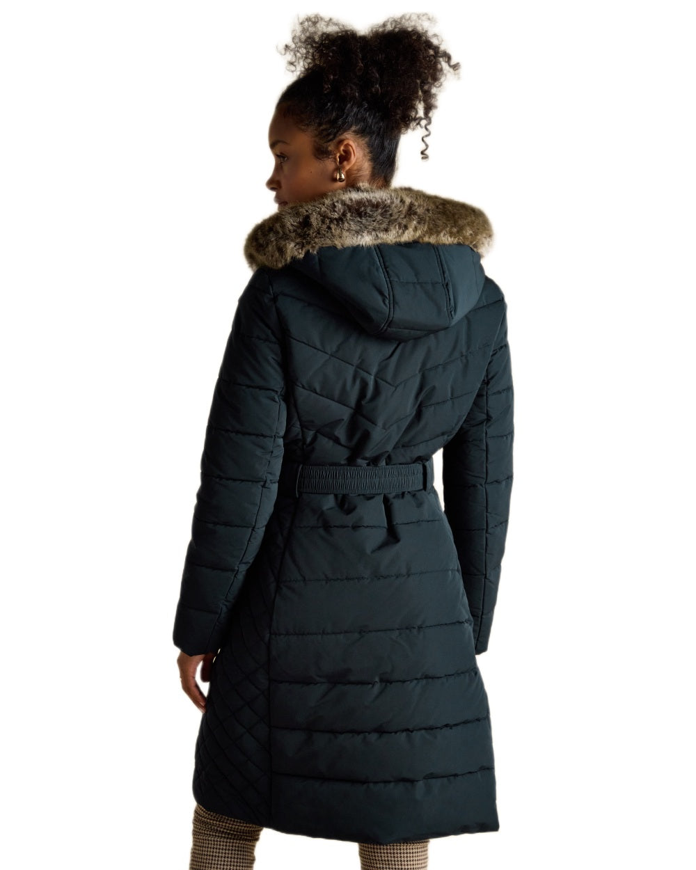Navy Coloured Joules Womens Aspen Long Showerproof Padded Coat on white background 