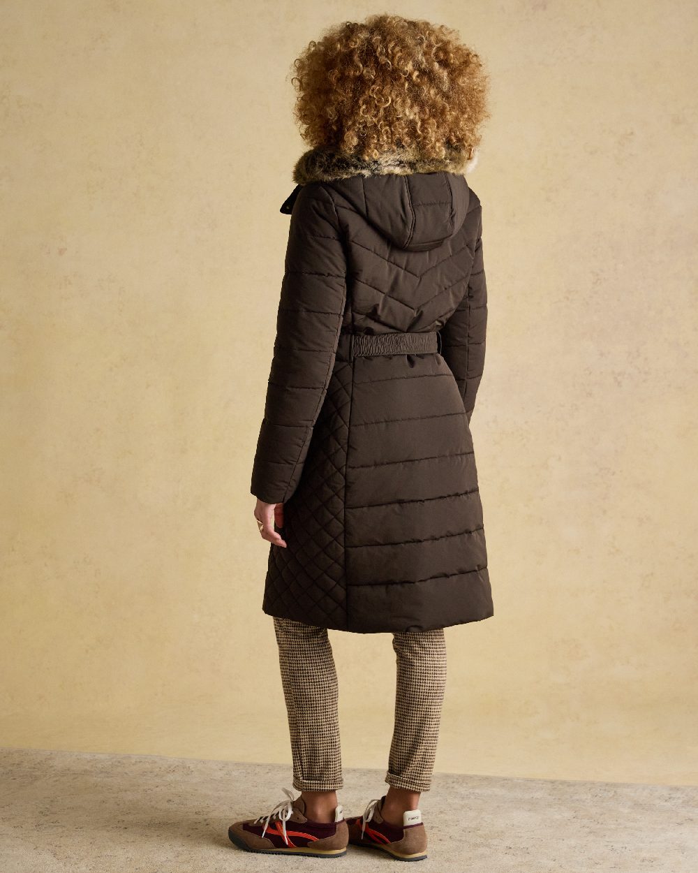 Brown Coloured Joules Womens Aspen Showerproof Longline Padded Coat on white background 