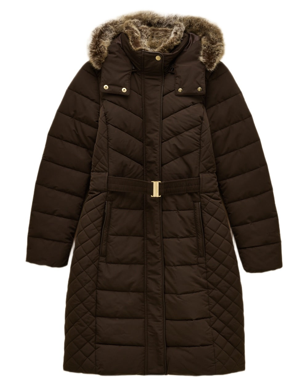 Brown Coloured Joules Womens Aspen Showerproof Longline Padded Coat on white background 