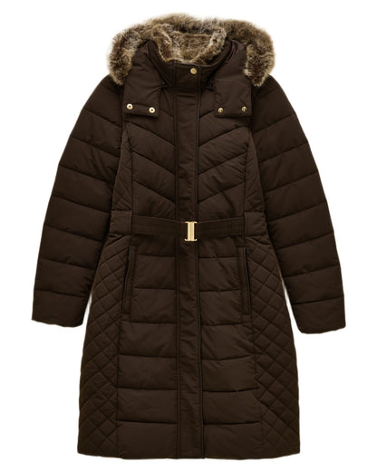 Brown Coloured Joules Womens Aspen Showerproof Longline Padded Coat on white background 