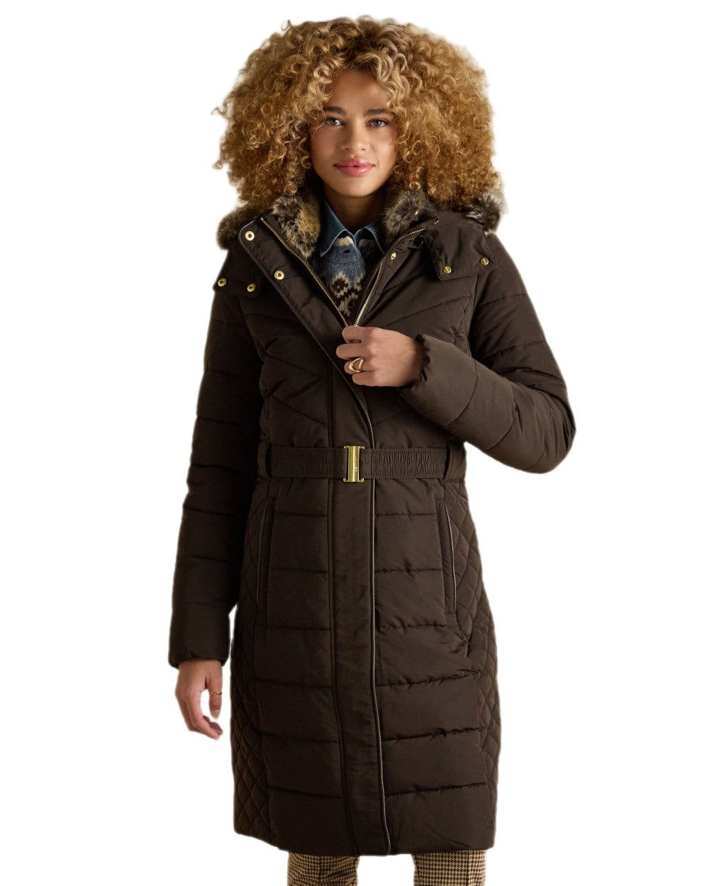 Brown Coloured Joules Womens Aspen Showerproof Longline Padded Coat on white background 