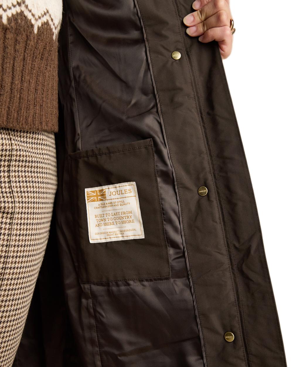 Brown Coloured Joules Womens Aspen Showerproof Longline Padded Coat on white background 