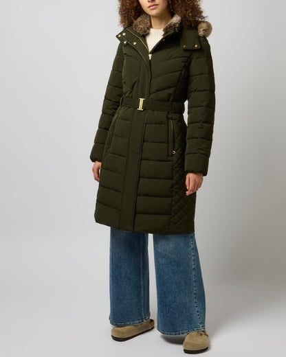 Dark Green coloured Joules Womens Aspen Showerproof Longline Padded Coat on grey background 