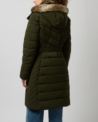 Dark Green coloured Joules Womens Aspen Showerproof Longline Padded Coat on grey background 
