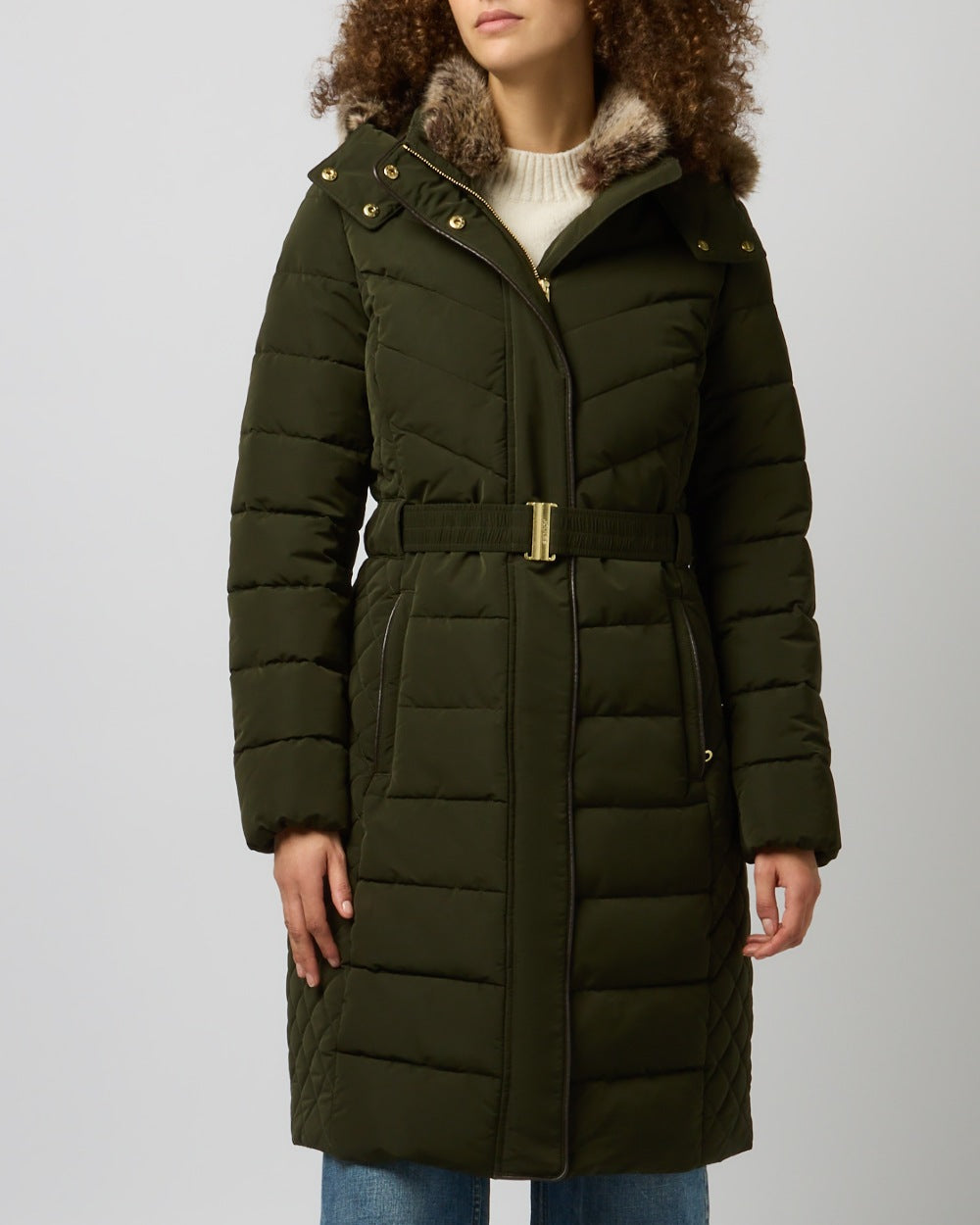 Dark Green coloured Joules Womens Aspen Showerproof Longline Padded Coat on grey background 