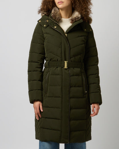 Dark Green coloured Joules Womens Aspen Showerproof Longline Padded Coat on grey background 