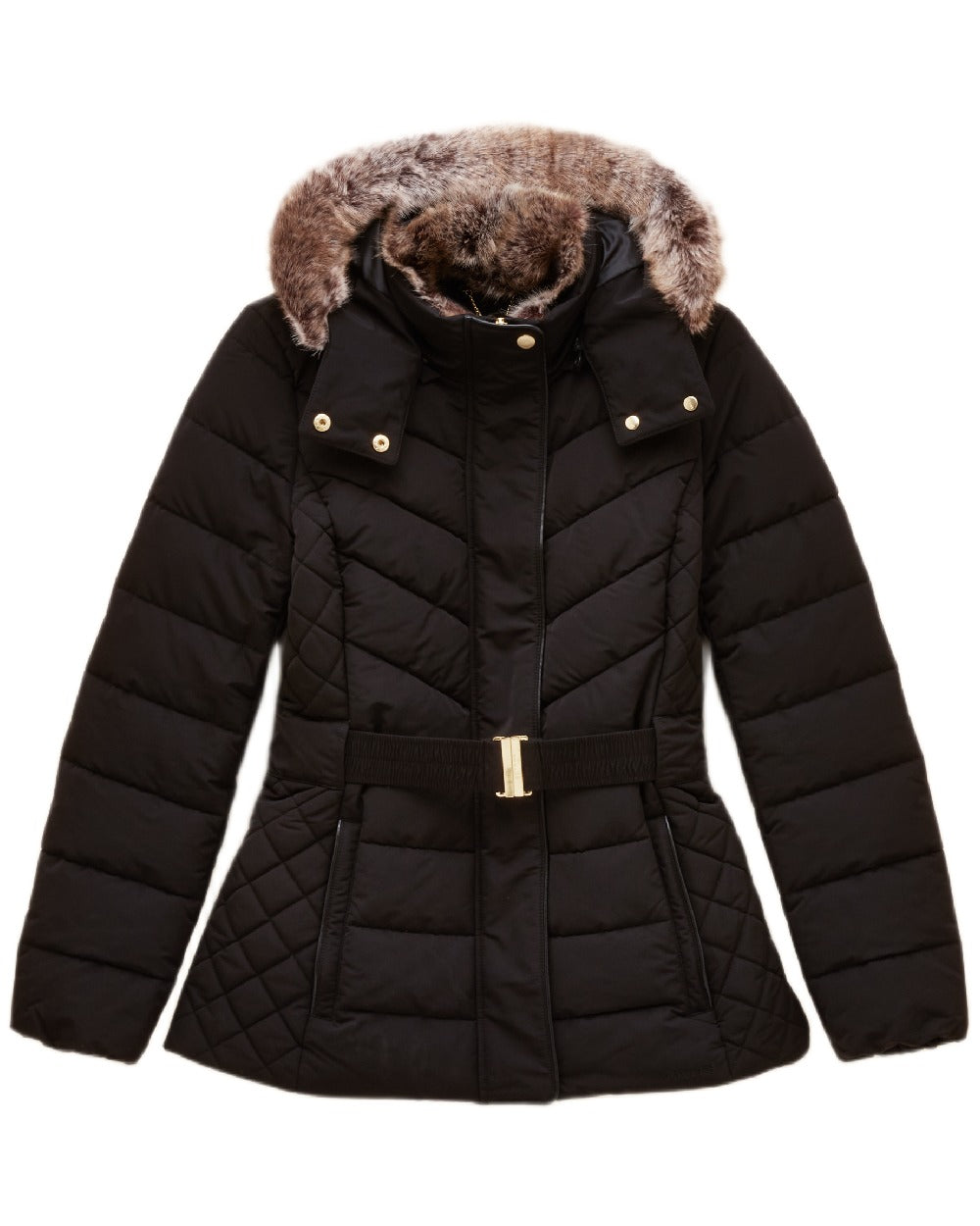 Black Coloured Joules Womens Aspen Showerproof Padded Coat on white background 