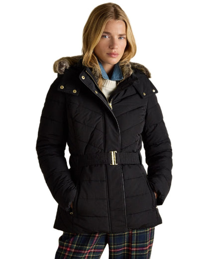 Black Coloured Joules Womens Aspen Showerproof Padded Coat on white background 