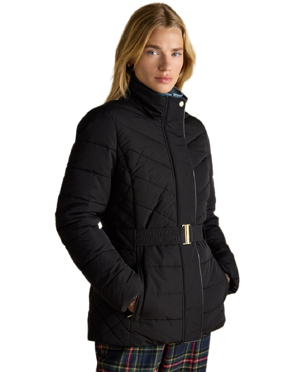 Black Coloured Joules Womens Aspen Showerproof Padded Coat on white background 