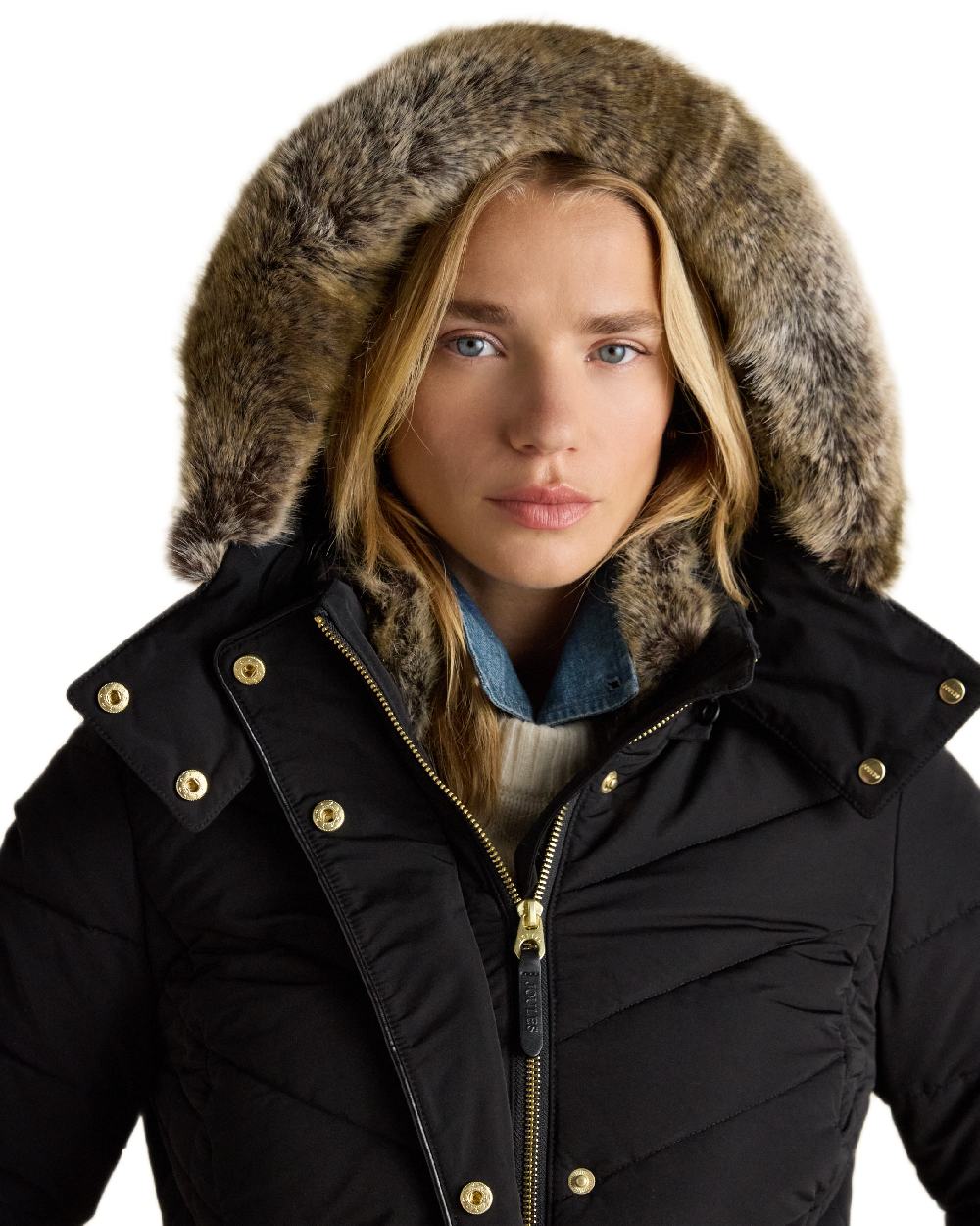 Black Coloured Joules Womens Aspen Showerproof Padded Coat on white background 